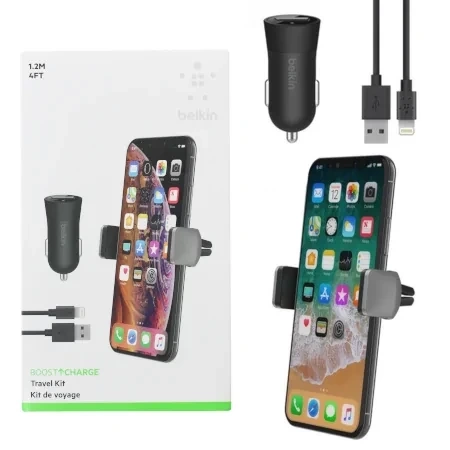 Zestaw samochodowy z uchwytem, ładowarką i kablem Lightning Belkin Travel Kit - czarny