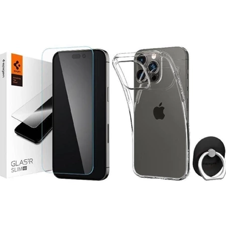 Set for Apple iPhone 14: Spigen Crystal Flex Case + Glas Glass.TR Slim HD + Finger Style Ring holder