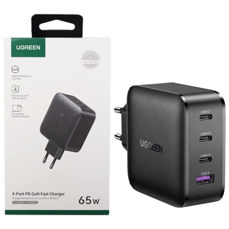 Ładowarka sieciowa USB-A i USB-C Ugreen 4-Port GaN 65W - czarna