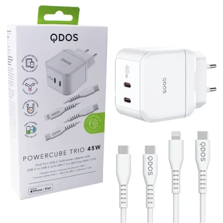 Qdos Powercube Apple MFi network charger + cable 1x Lightning, 1x USB-C - 45W