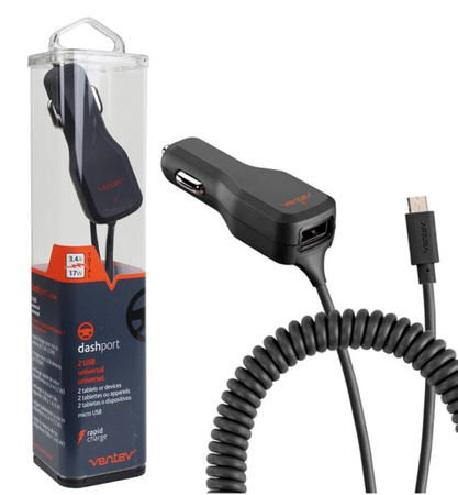 Ventev Dashport USB-A car charger with microUSB cable - black 17W