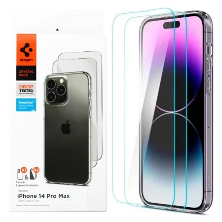 Silicone case + 2x Spigen Crystal Pack tempered glass for Apple iPhone 14 Pro Max - transparent