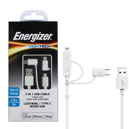 Energizer kabel 3w1 Lightning + MicroUSB + Type-C - 1.2 m